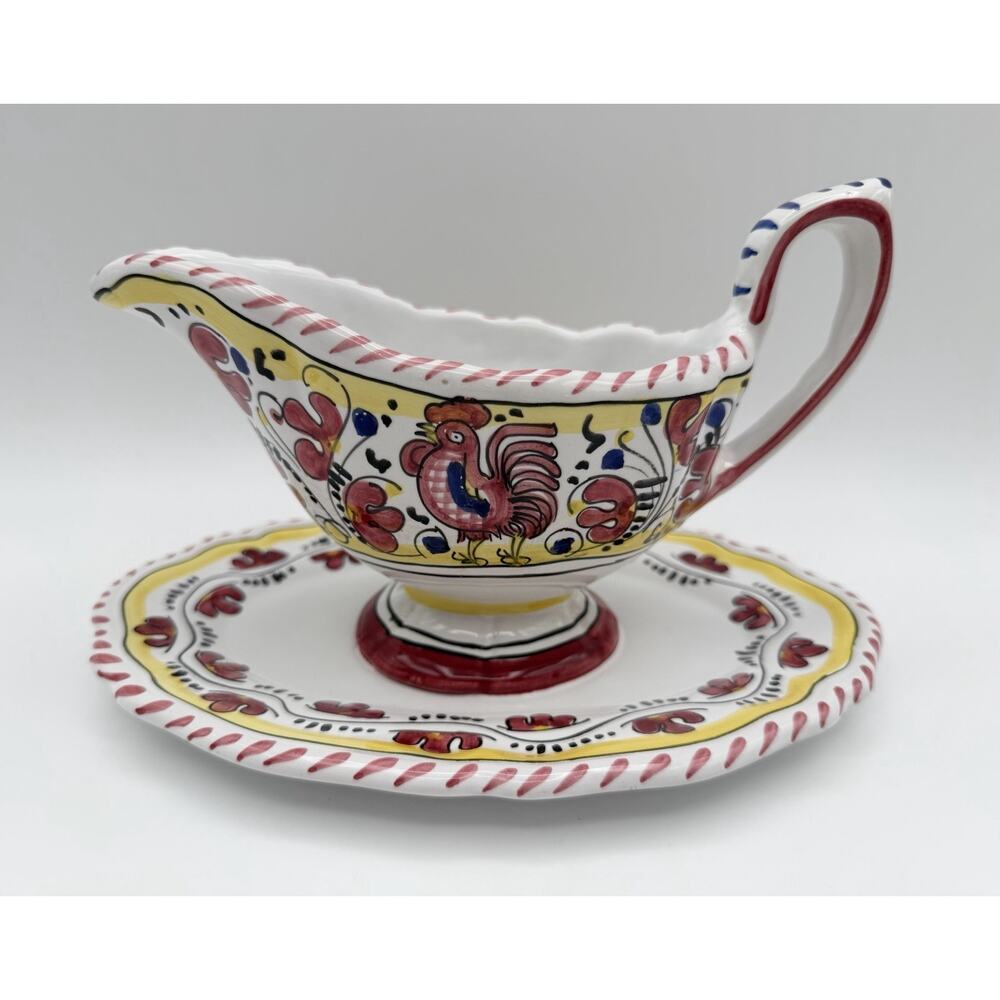 Deruta Orvieto Italian Red Rooster Relish Gravy Boat w Saucer Hand Painted Italy